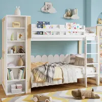 MODFU Etagenbed 90x200 cm – wit/naturel hout – met kledingkast, 6 open vakken en ladder