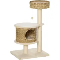 STILVORA Krabpaal 95H cm van sisal en pluche, met PE-rattan huisje, stevige spaanplaat basis en hangend speelbal