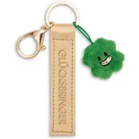 Magni sleutelhanger geluksbrenger imitatieleren band goud 10cm met klaverblad