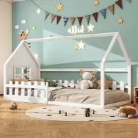 MODFU Ledikant 90x200 cm van dennenhout en MDF – wit – huisvorm – kinderkamer