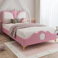 STILVORA Ledikant 90x200 cm – PU roze/wit – met kroonhoofdbord en zachte schuimranden – prinsessenbed