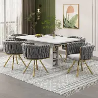 MODFU Eetkamerstoel set van 6, gestoffeerd fluweel, 360° draaibaar, stalen vierpoot, modern design, grijs/goud
