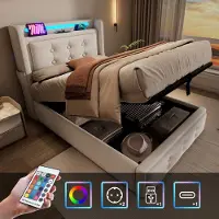 Merax 90x200 cm gestoffeerd bed - eenpersoonsbed met LED-verlichting en USB-C oplaadfunctie - met opbergruimte - beige - zonder matras