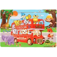 Kids Londen Bus Houten Puzzel voor Kinderen - 30 Stuks Educatief Speelgoed - Dieren en Bus Avontuur - Ideaal voor Leren en Spelen