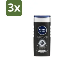 Nivea 3 x Men Douchegel Active Clean 250 ml - Douchegel Mannen - Actieve Houtskool - Reiniging Huid - Vuil Verwijderen - Talg Verwijderen