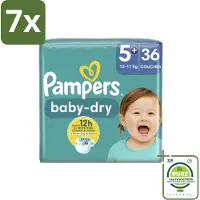 Pampers 7 x – Luiers – Baby-Dry Maat 5+ (12-17 kg) – 36 Luiers - Grootverpakking - Baby-luiers - Droge Huid - Droge Luiers - Baby Droogheid - Droge Luier