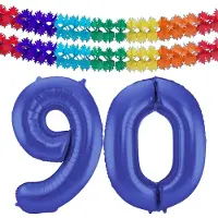 Folat Verjaardag Leeftijd folieballon - 90 jaar - blauw - 86 cm - cijferballon groot - incl 2x feestslingers