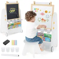 vidaXL Kinderkunst-Ezel met Kruk 4-In-1 Activiteitentafel met Magnetisch Bord Krijtbord Boekenplanken Papierrol voor Kinderen 3+