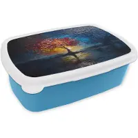 MuchoWow Broodtrommel Blauw - Lunchbox Boom - Blauw - Bladeren - Vakken - Brooddoos 18x12x6 cm - Brood lunch box - Broodtrommels voor kinderen en volwassenen