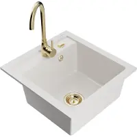 Mexen Vito granieten gootsteen 1-komor met keukenkraan Telma, wit - 6503-20-670200-50