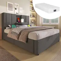 Merax Eenpersoonsbed 90x200 cm met verborgen bekerhouder en oplaadstation - met opbergruimte - inclusief bedframe - grijs - met matras