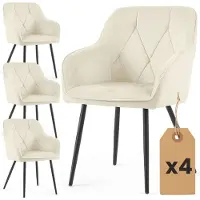 Akord Set van 4 Eetkamerstoelen DIAMANTE met Armleuningen / Gestoffeerde Stoelen / Fluwelen Stoelen en Metalen Poten / Crème kleur met zwarte benen