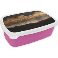 MuchoWow Broodtrommel Roze - Lunchbox Gouden Bomen in Mistig Landschap - Brooddoos 18x12x6 cm - Brood lunch box - Broodtrommels voor kinderen en volwassenen