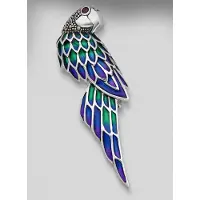 925 Sterling zilveren hanger en broche van papegaai blauw groen veren - zilveren hanger blauw groen papegaai - broche papegaai met groen en blauw veren - zilveren broche en hanger in een van papegaai