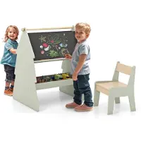 Costway Schildersezel voor kinderen met stoel in boomvorm, 2-in-1 staand bord, dubbelzijdig met krijtbord en whiteboard, kinderbord met plank en papierrolhouder, kinderschildersezel voor kinderen