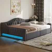 Merax Gestoffeerd bed 140x200 cm - slaapbank met LED-verlichting en opbergruimte aan de onderkant - grijs