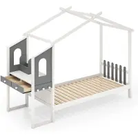 Costway Huisbed met bureau 90x200 cm, kinderbed met lattenbodem, bureau met opbergdoos, laden en haken, jeugdbed, houten bed voor kinderen, wit