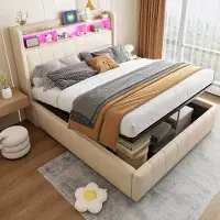 MODFU Ledikant 140x200 cm – beige linnen – met LED, hydraulische opbergruimte en USB/Type-C