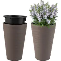KOMFOTTEU Set van 2 bloempotten met binnenpot, sierpot met afwateringsgaten, weerbestendige plantenpot, ronde sierpot, kunststof plantenbakken voor tuin, balkon en veranda, bruin