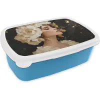 MuchoWow Broodtrommel Blauw - Lunchbox Abstract - Vrouw - Bloemen - Wit - Brooddoos 18x12x6 cm - Brood lunch box - Broodtrommels voor kinderen en volwassenen