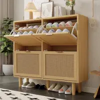 STILVORA Schoenenkast - 4 Kantellades Met Rotan Front - Smal Model Voor Hal En Slaapkamer - Spaanplaat - Licht Eiken - 100x25x90 Cm