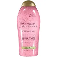 OGX Sensitive Rose Water & Pink Sea Salt Body Scrub + Rose Quartz – Zachte Exfoliërende Douche, Hydraterende Body Scrub & Wash voor Vrouwen, Sulfaatvrij, Dagelijks Gebruik 577ML
