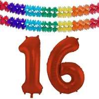 Folat Verjaardag Leeftijd folieballon - 16 jaar - rood - 86 cm - cijferballon groot - incl 2x feestslingers