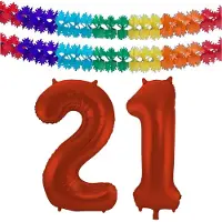 Folat Verjaardag Leeftijd folieballon - 21 jaar - rood - 86 cm - cijferballon groot - incl 2x feestslingers