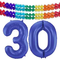 Folat Verjaardag Leeftijd folieballon - 30 jaar - blauw - 86 cm - cijferballon groot - incl 2x feestslingers