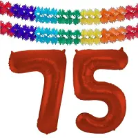 Folat Verjaardag Leeftijd folieballon - 75 jaar - rood - 86 cm - cijferballon groot - incl 2x feestslingers