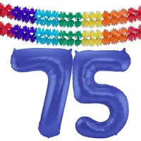 Folat Verjaardag Leeftijd folieballon - 75 jaar - blauw - 86 cm - cijferballon groot - incl 2x feestslingers