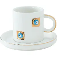 Bricard Yadigar - Espressoset met Nazar Boncuk - 12-delig - Wit/Goud - 125ml - Keramiek - Espresso Kopjes & Schotels