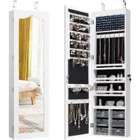 Costway Hangende sieradenkast, simpelkast met ledverlichting, spiegel en 6 laden, hangkast voor deur- en wandmontage, sieradenkast voor het opbergen van sieraden en cosmetica, wit