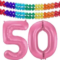 Folat Verjaardag Leeftijd folieballon - 50 jaar - roze - 86 cm - cijferballon groot - incl 2x feestslingers