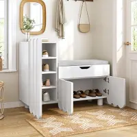 STILVORA Schoenenkast – Modern 3-Deurs Schoenenbank Met Lade En Gepolsterde Zitplek – 3 Deuren 1 Lade Voor Gang En Entree – MDF – 90x35x74,5 Cm – Wit+Grijs