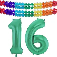 Folat Verjaardag Leeftijd folieballon - 16 jaar - groen - 86 cm - cijferballon groot - incl 2x feestslingers