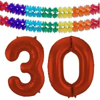 Folat Verjaardag Leeftijd folieballon - 30 jaar - rood - 86 cm - cijferballon groot - incl 2x feestslingers