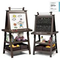 Costway 3-in-1 kinderschildersezel, kinderbord dubbelzijdig, whiteboard & krijtbord & tekenpapier, staande tafel incl. magneten, 2 planken houten bord met 2 opbergdozen (koffie)