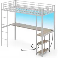 Costway Hoogslaper met bureau, 90 x 200 cm, stapelbed met ledverlichting, laadstation en 2 planken, stapelbed van metaal, kinderbed met veiligheidsleuning en ladder, tienerbed