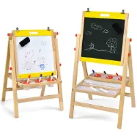 Costway 3-in-1 kinderschildersezel, whiteboard & krijtbord & tekenpapier in hoogte verstelbaar, kinderbord met plank en accessoires (geel)