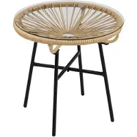 MODFU Luxe Ronde Balkontafel (Ø 50 cm) - Boho Acapulco Bijzettafel voor Buiten met Glazen Blad & Rattan - Beige / Zwart