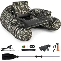 Costway Opblaasbare rubberboot, visboot met visliniaal, hengelhouder, zijzakken, vinnen, peddel, pomp, rugleuning en riemen, Belly-Boat 150 kg belastbaar, vissersboot 146 x 109 x 44 cm