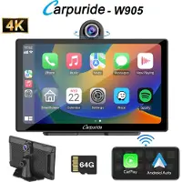 Carpuride W905 9 inch draadloze Carplay & Android-autoradio met dashcam, draagbaar HD-touchscreen, 4K-camera aan de voorzijde, lusopname, Bluetooth, Mirror Link, GPS, Siri, FM, 64G TF-kaart