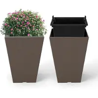 KOMFOTTEU Set van 2 bloembakken, plantenbakken van kunststof, bloempot met uitneembare binnenpot, weerbestendige plantenbakken, plantenpotten, sierpotten voor tuin, balkon, terras (25 x 25 x 35 cm)