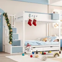 MODFU Bedframe 90x200 cm – Massief hout wit/blauw – Met opbergruimte, afneembaar rek & konijnenmotief – Kindvriendelijk