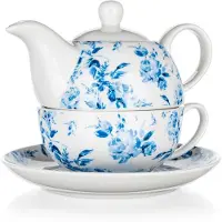 Banket Merkloos Theepot & Kopje Set, Blauw Bloemmotief, Keramiek, 620 ml