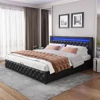 OEM Gestoffeerd bed 140 x 200 cm, functioneel bed met lattenbodem en opbergruimte, met ledverlichting, met opbergfunctie, zwart, PU