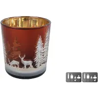 VAN MANEN Theelichthouder bruin glas hert dennenboom sfeervol decoratie 7,5x7,5x8cm.