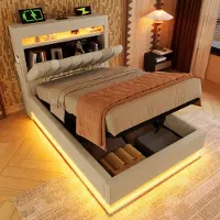 MODFU Ledikant 90x200 cm – beige linnen – met verticale strepen, 4 USB poorten, LED en opbergruimte