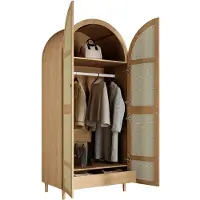 Merax Kledingkast Met Gebogen Deuren - Kledingroede - Lade - Rotan Look Deuren - Houten Poten - Voor Slaapkamer En Hal - 80 X 50 X 179 Cm